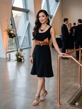 Coldwater Creek Black Midi Dress with Copper Waist Sash